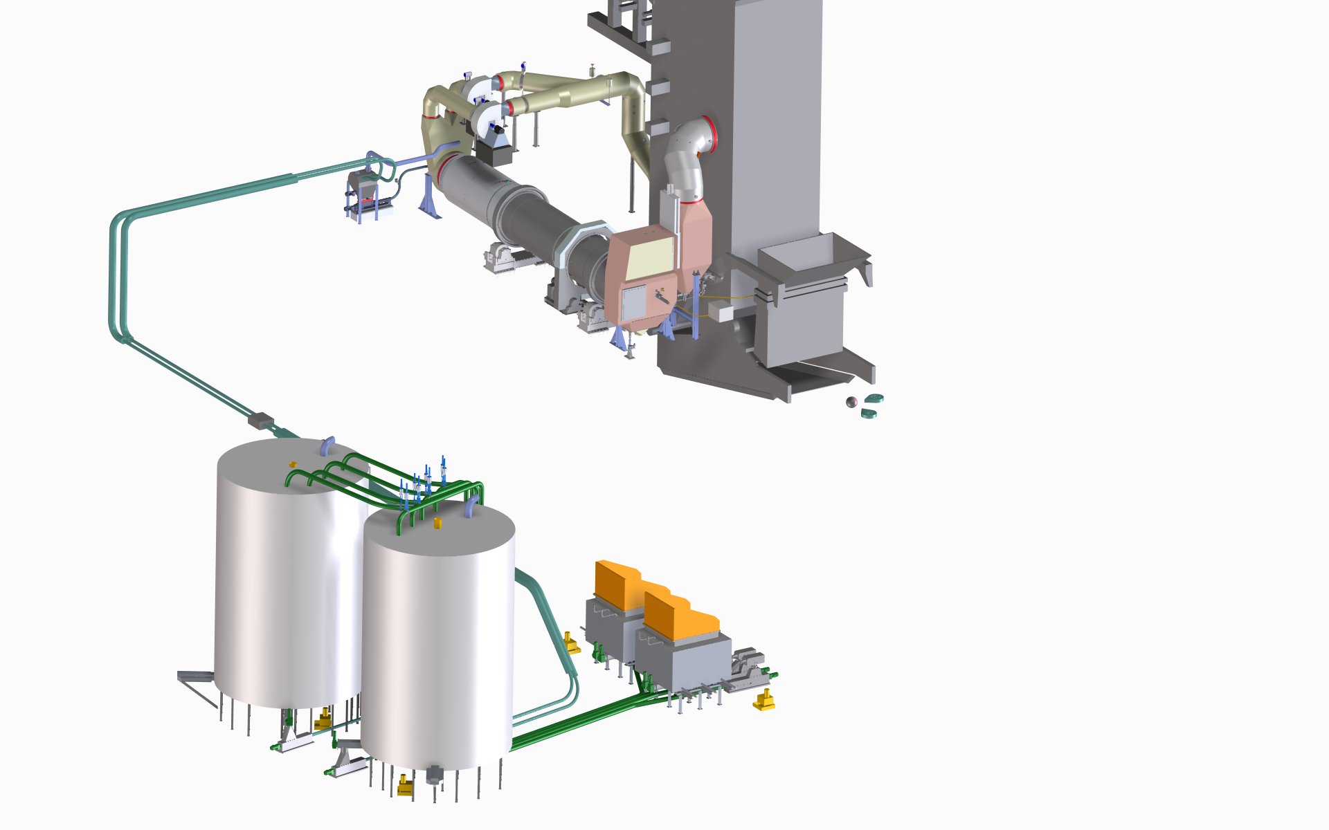 3D-CAD-Visualisierung einer Trocknungsanlage mit Silos und Absackstation